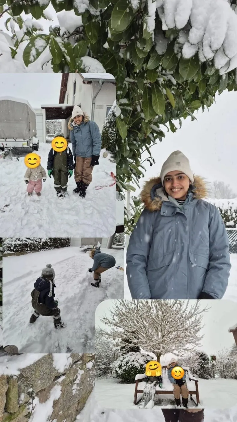Bildcollage von einem verschneiten Wintertag mit Au-pair und Kindern im Garten; die Gesichter der Kinder sind mit Smileys abgedeckt.