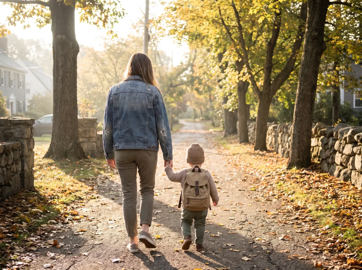 Au-pair bringt ein Kind an der Hand auf dem Weg – sicher gebracht und abgeholt