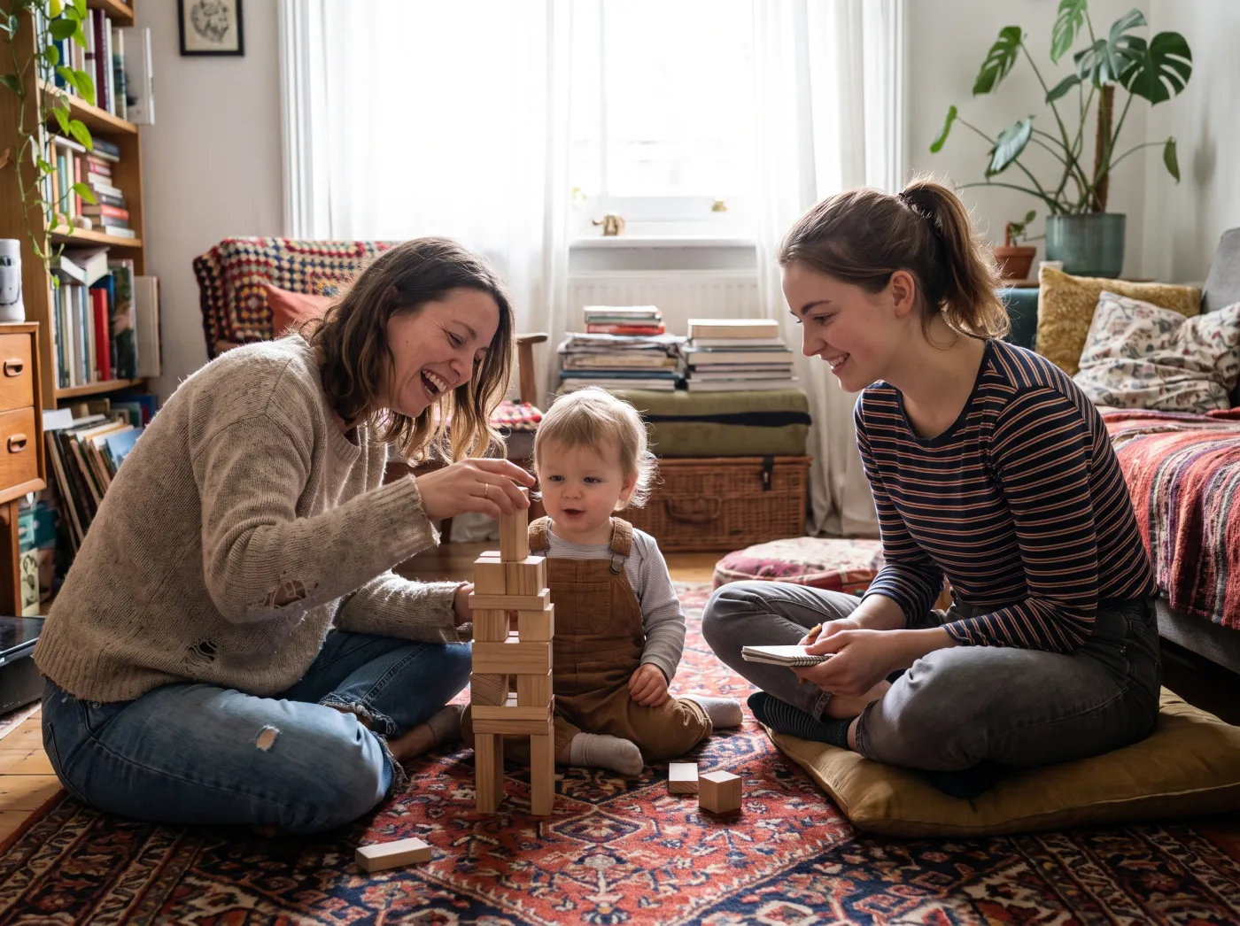 Eine Mutter spielt mit ihrem Kind, das Au-pair sitzt aufmerksam dabei und lernt die ersten Impulse kennen