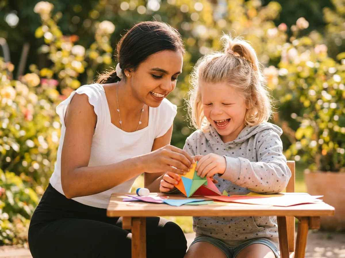 Ein Au-pair faltet mit einem Kind am Gartentisch einen bunten Papierstern, beide lachen.