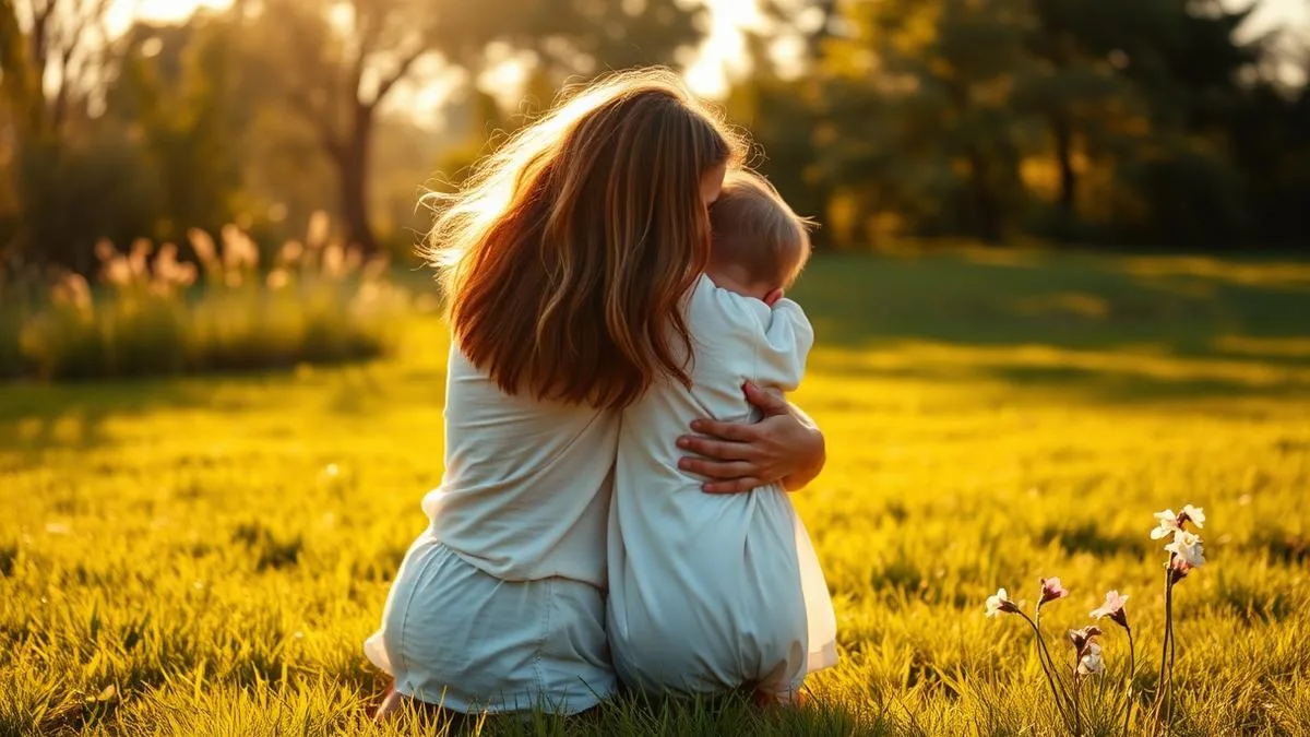 Au-pair und Kind umarmen sich herzlich auf einer sonnigen Wiese.