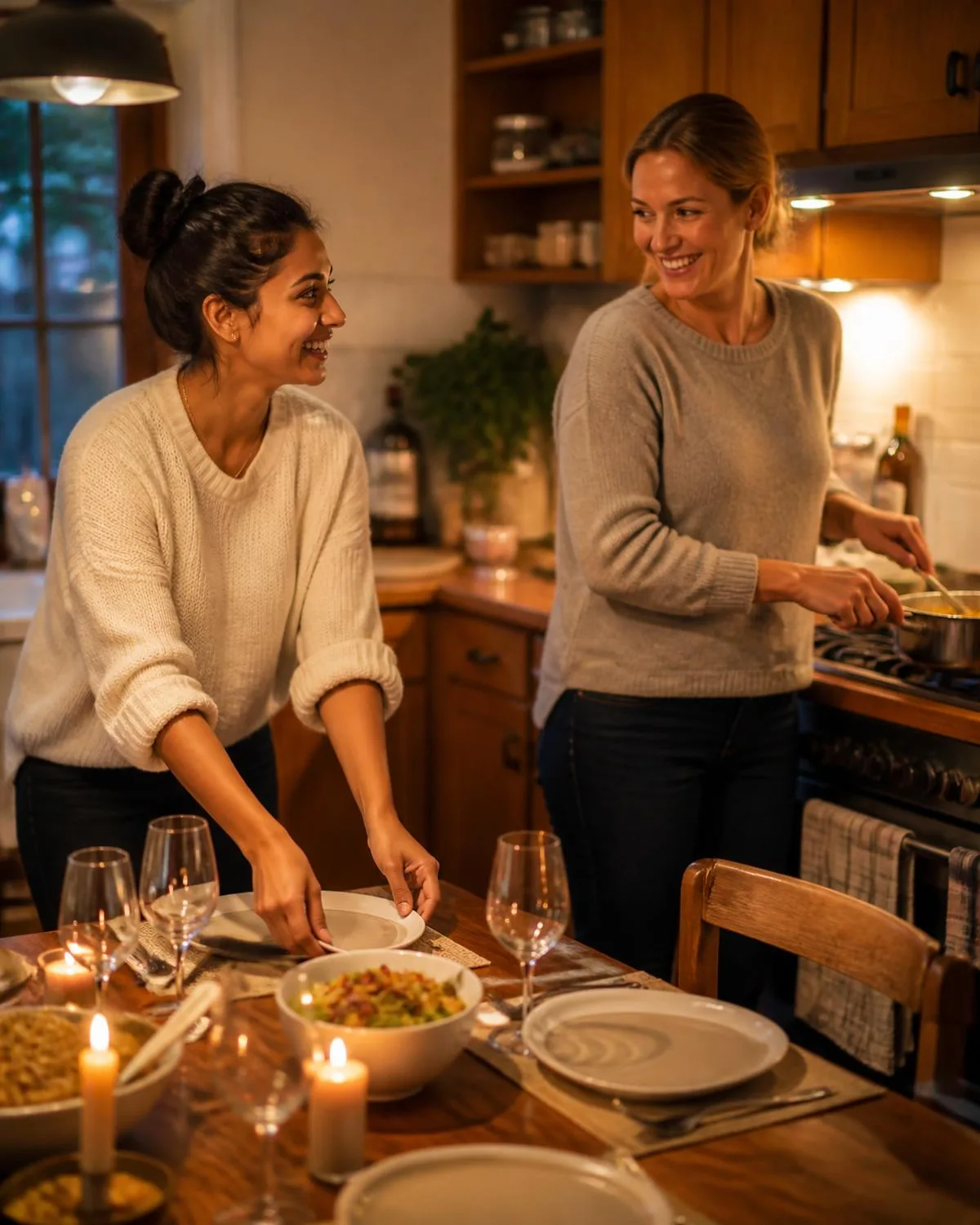 Ein Au-pair deckt den Esstisch, während die Gastmutter am Herd kocht, beide im Gespräch.