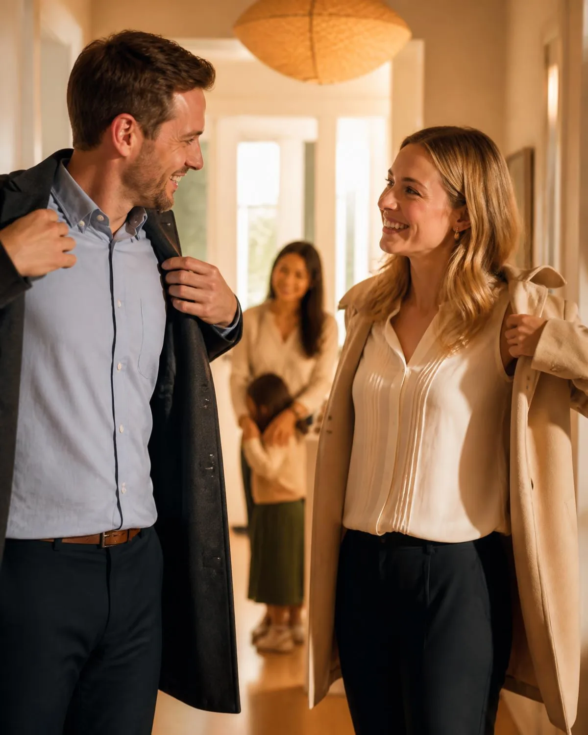Ein Elternpaar zieht im hellen Flur die Mäntel an, im Hintergrund das Au-pair mit dem Kind.