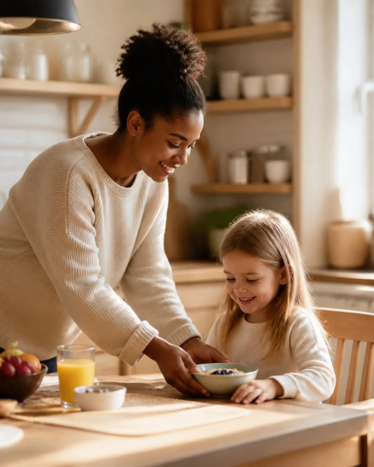 Ein Au-pair stellt einem Kind am Frühstückstisch ein Schälchen hin.