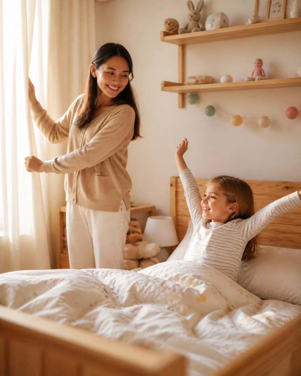 Ein Au-pair öffnet im Morgenlicht den Vorhang, ein Kind wacht im Bett auf und streckt sich.