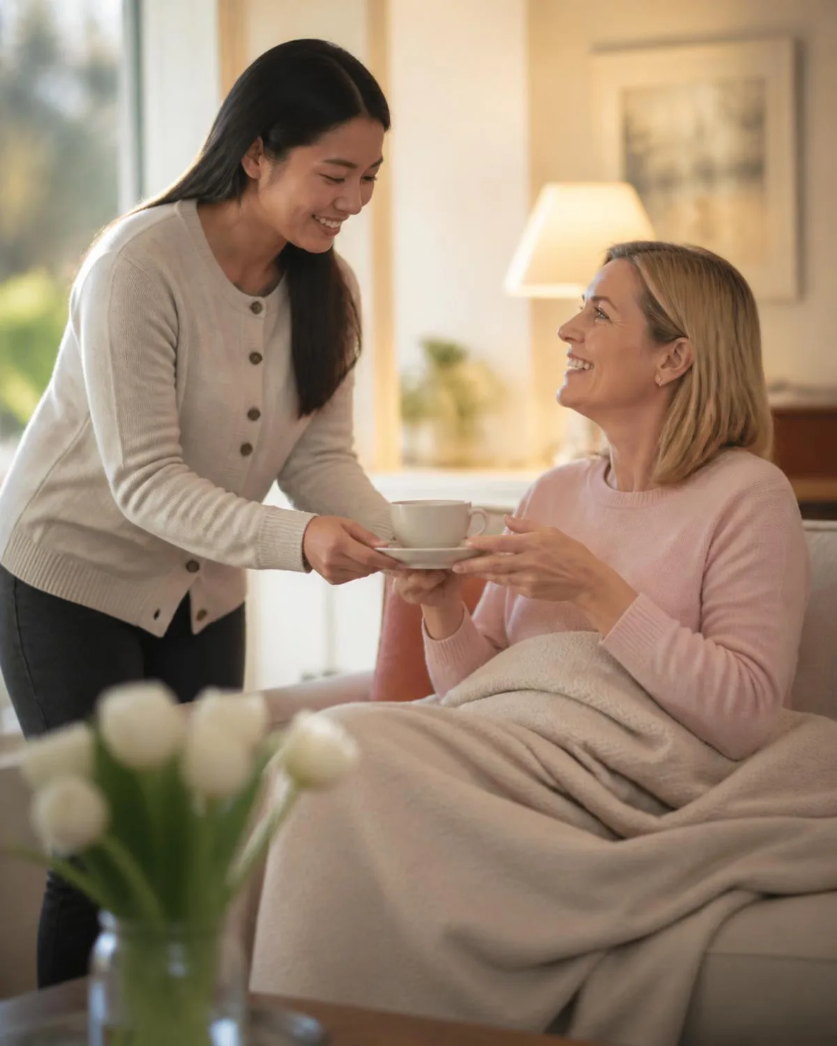 Ein Au-pair bringt einer in eine Decke gewickelten Mutter auf dem Sofa eine Tasse Tee.