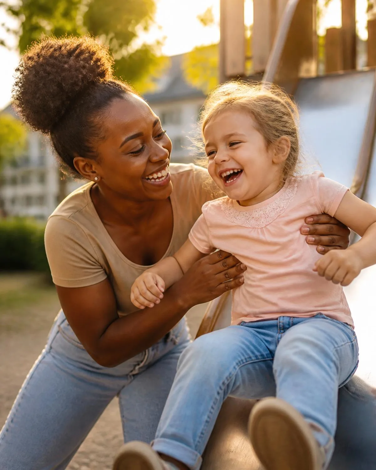 Ein Au-pair fängt ein lachendes Kind am Ende der Rutsche auf einem sonnigen Spielplatz auf.