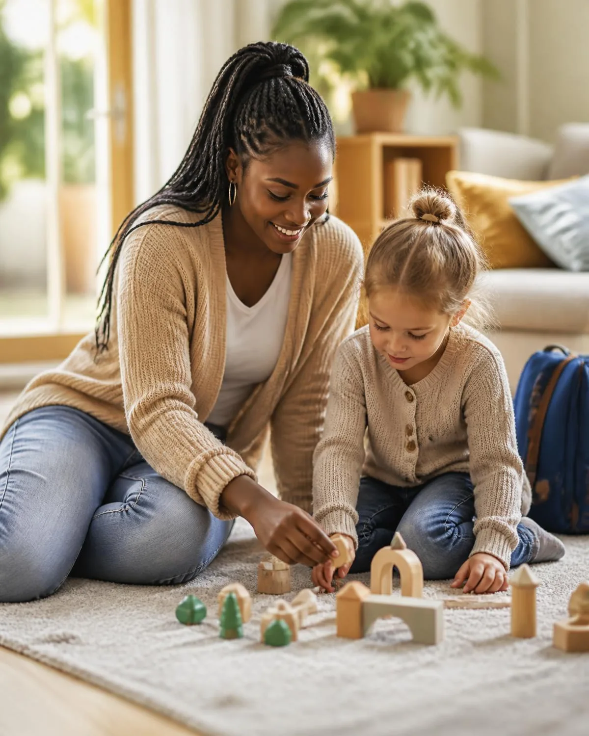 Ein Au-pair spielt mit einem Kind auf dem Teppich im hellen Wohnzimmer, der Schulranzen steht daneben.