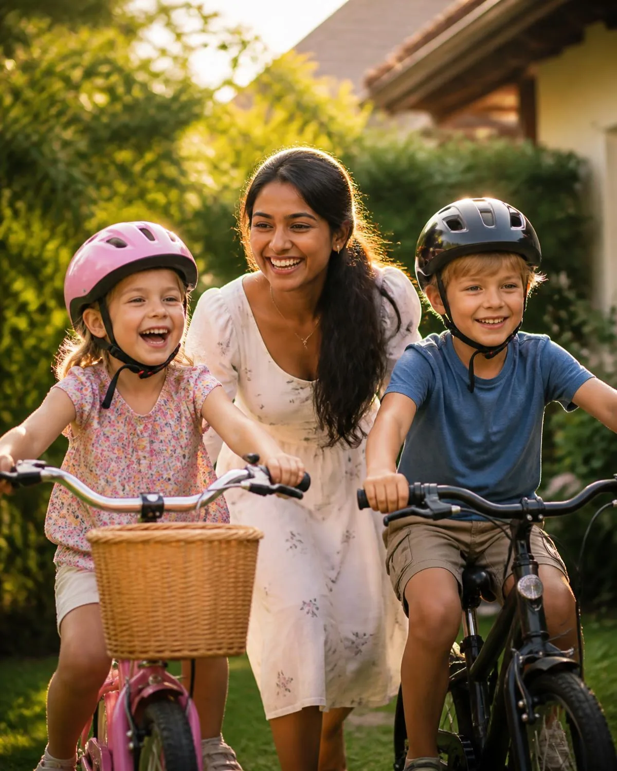 Ein Au-pair und zwei Kinder mit Fahrradhelmen fahren lachend im sonnigen Garten los.