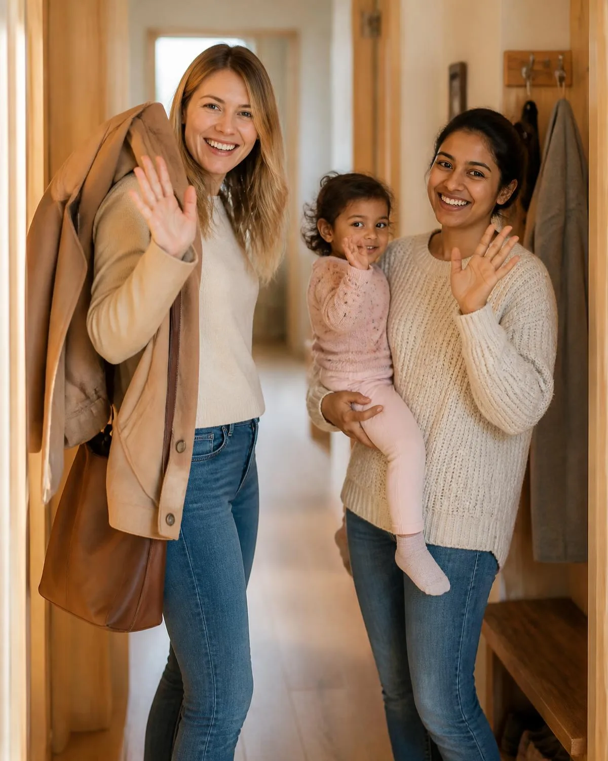 Eine Mutter verabschiedet sich im hellen Flur, das Au-pair steht winkend mit dem Kind auf dem Arm daneben.