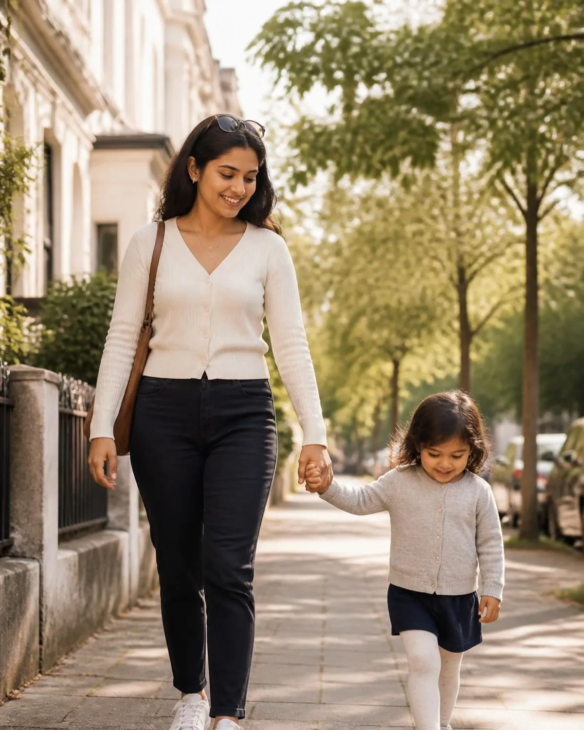 Ein Au-pair geht mit einem Kind an der Hand einen sonnigen Gehweg entlang.