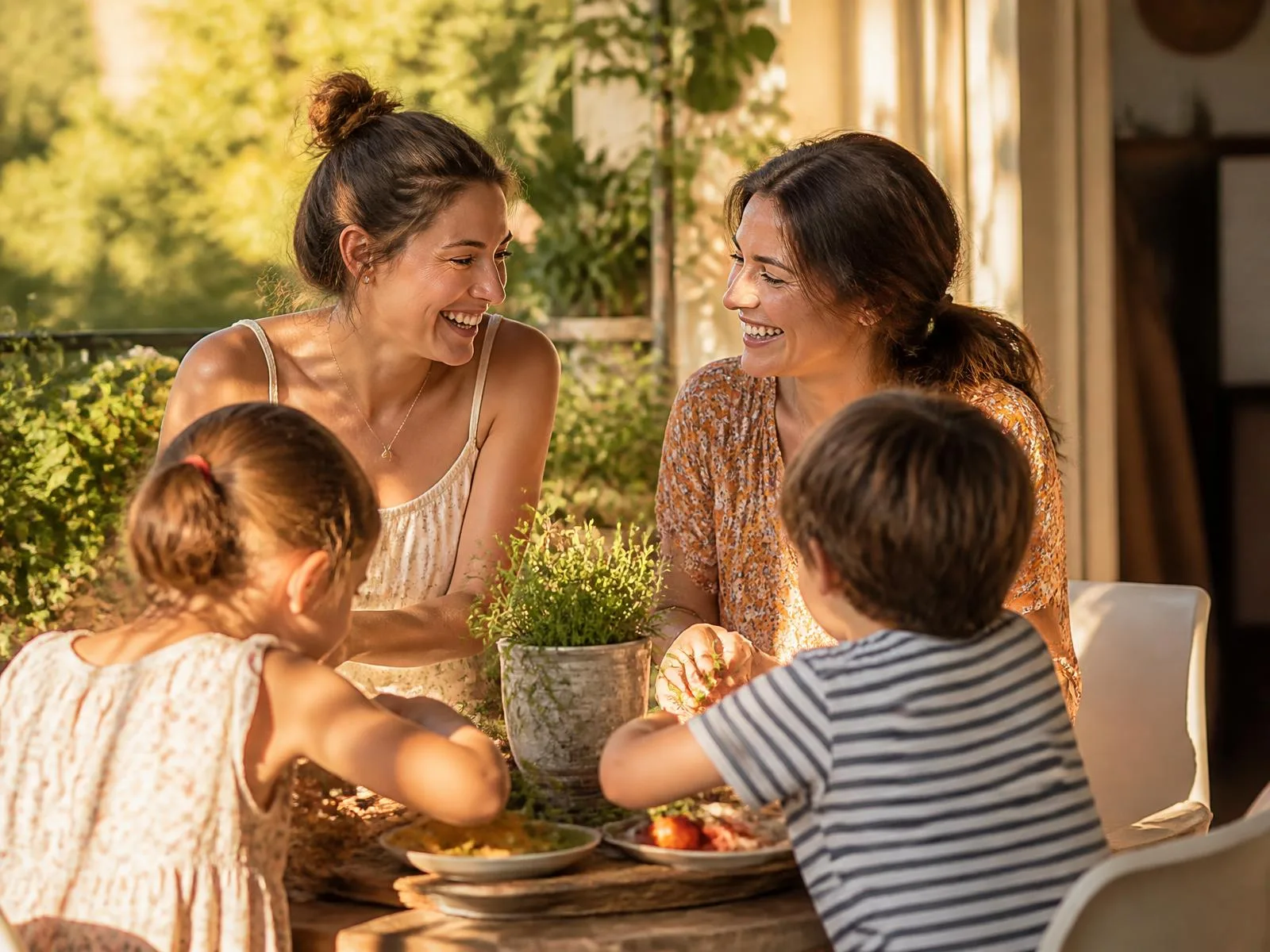 Au-pair und Gastmutter lachen an einem sonnigen Wochenendtisch auf der Terrasse, zwei Kinder sitzen abgewandt dabei.