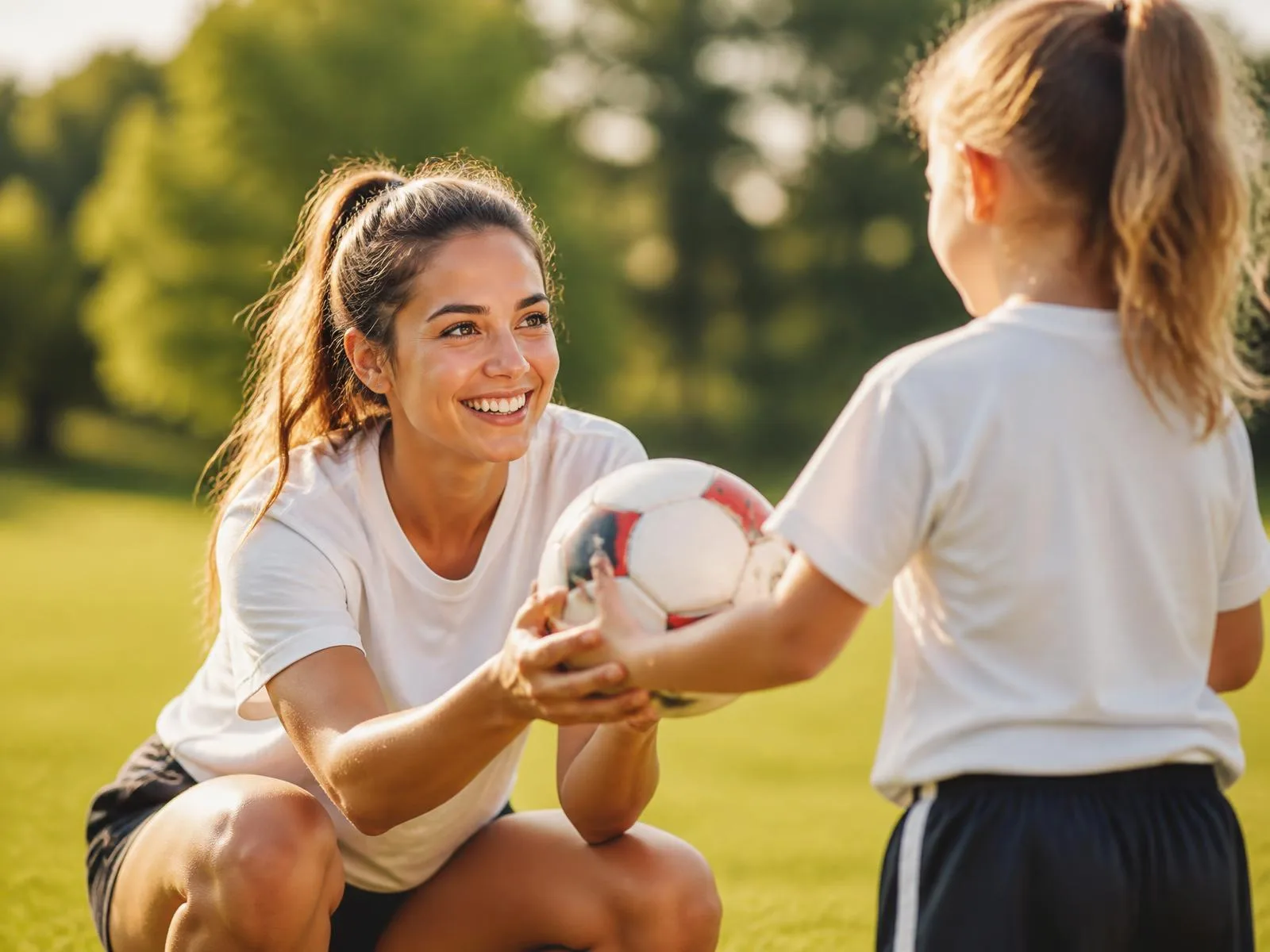 Au-pair kniet auf einer sonnigen Wiese und reicht einem abgewandten Kind in Sportkleidung einen Fußball.
