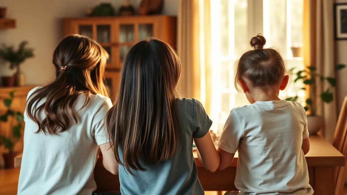 Familie sitzt gemeinsam am Esstisch, entspanntes Miteinander.