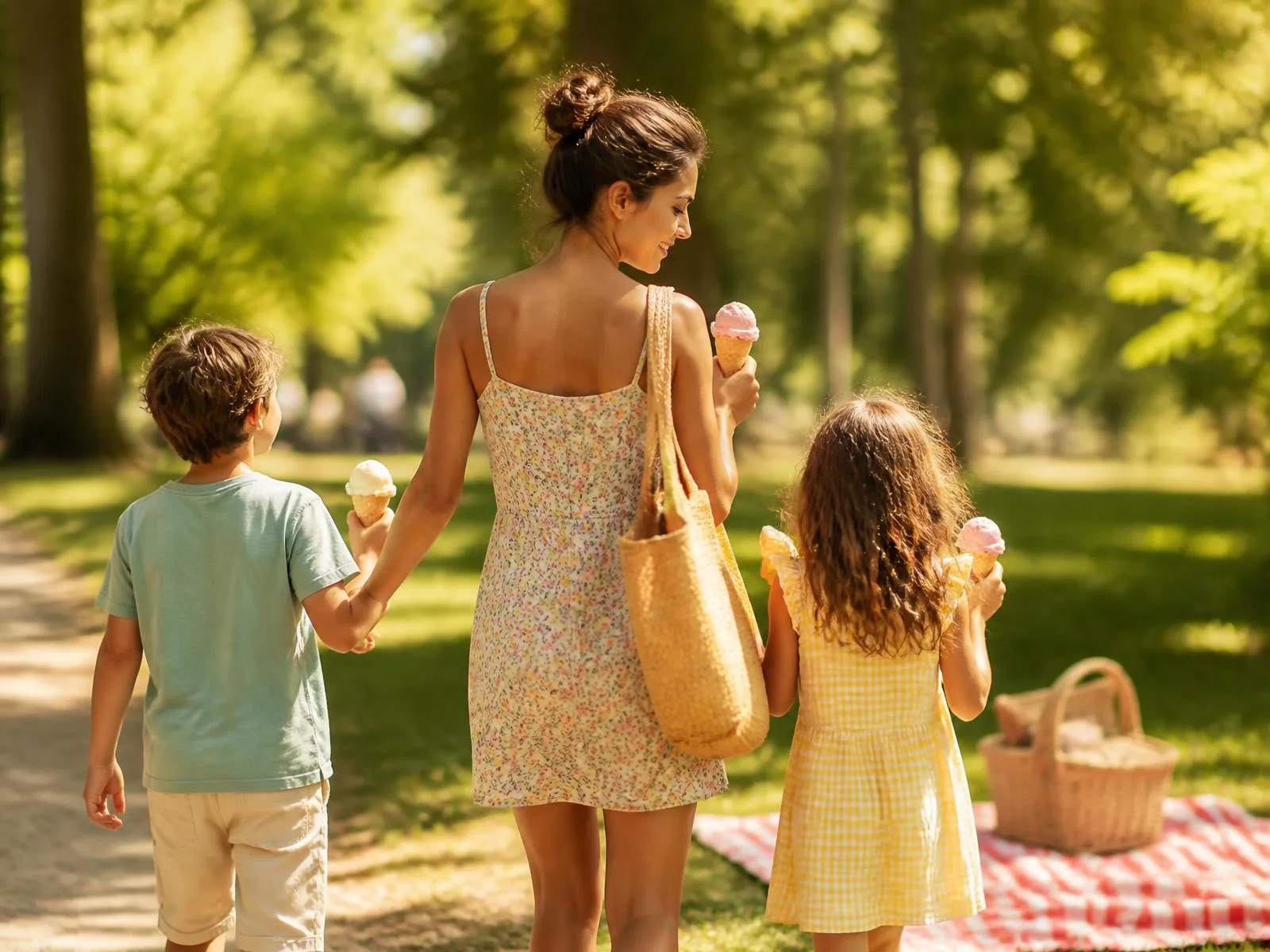 Au-pair geht mit zwei Kindern durch einen sonnigen Park, die Kinder sind von hinten zu sehen und tragen Eis in der Hand.