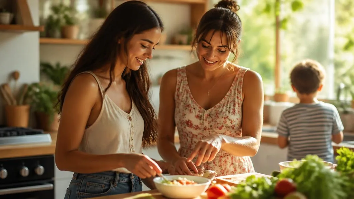 Mutter und Au-pair bereiten gemeinsam in der sonnigen Küche das Essen vor, im Hintergrund ein Kind von hinten.