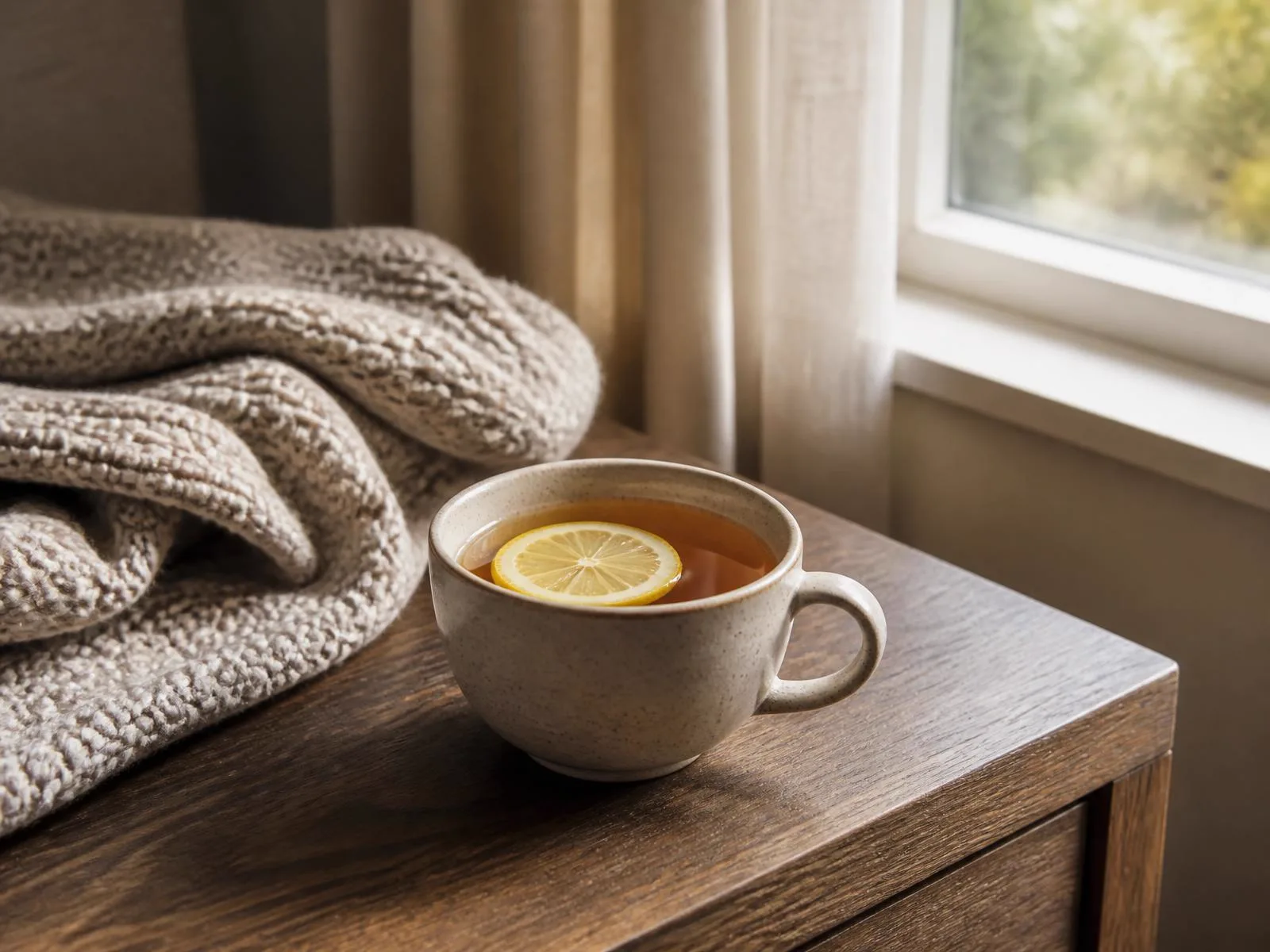 Eine Tasse Tee mit Zitronenscheibe auf einem Nachttisch neben einer zusammengelegten Decke, weiches Tageslicht durch ein Fenster.