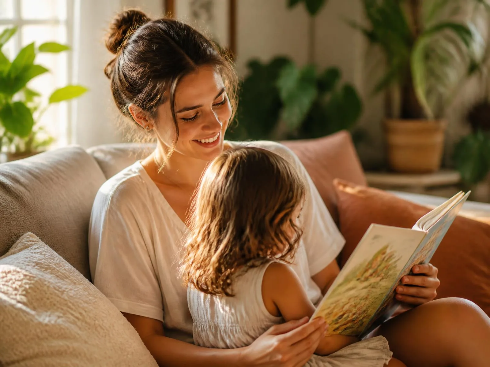 Au-pair liest auf dem Sofa im warmen Tageslicht einem Kind vor, das mit dem Rücken zur Kamera auf ihrem Schoß sitzt.