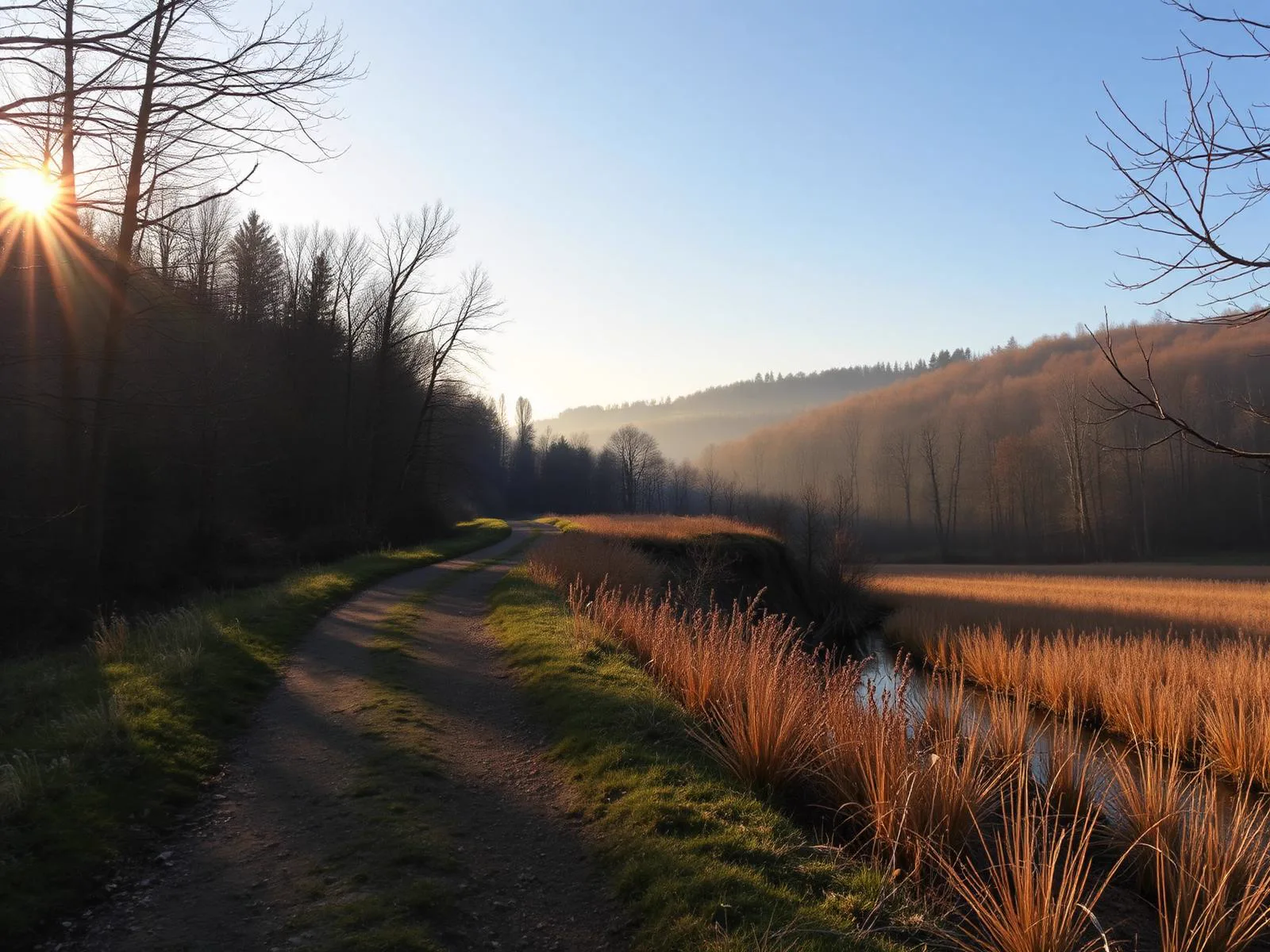Wanderweg am Waldrand im weichen Morgenlicht mit unscharfen Hügeln im Hintergrund, warmes goldenes Licht.