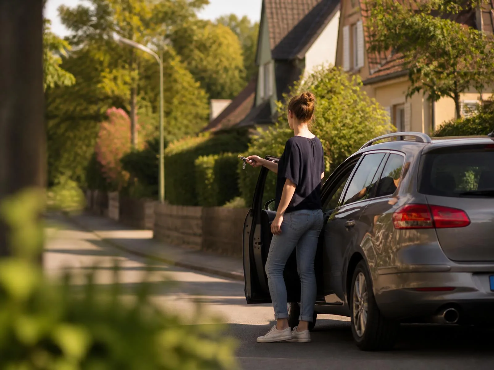 Junge Frau mit Autoschlüssel neben der geöffneten Fahrertür eines Familienautos in einer ruhigen Wohnstraße im warmen Nachmittagslicht.