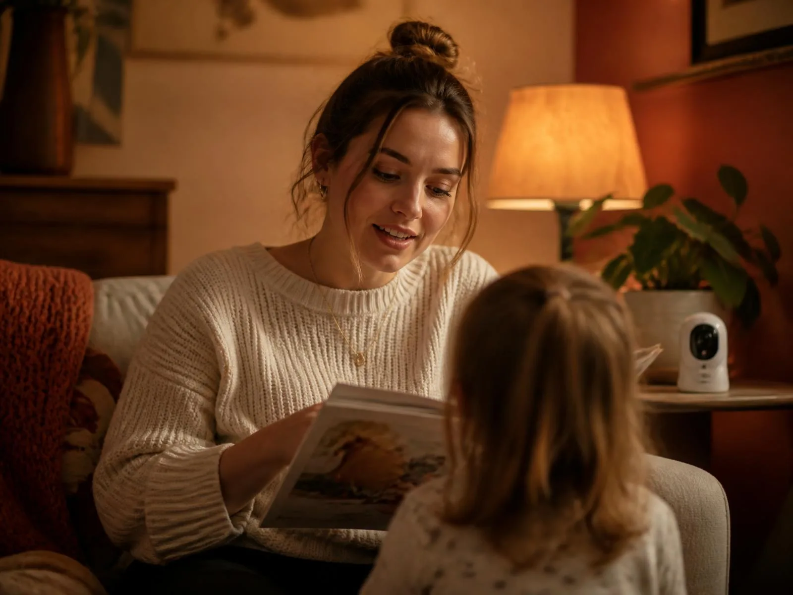 Au-pair liest am Abend im warm beleuchteten Wohnzimmer einem Kind vor, das mit dem Rücken zur Kamera sitzt.