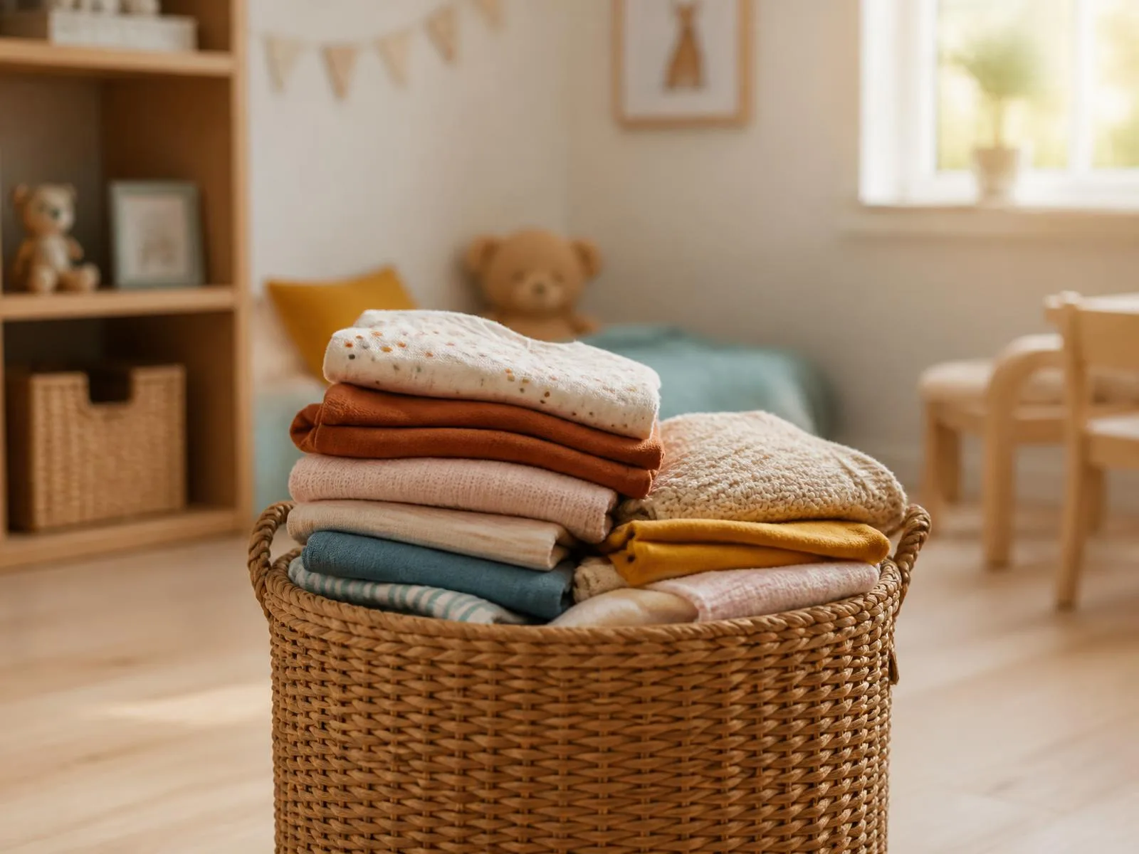 Wäschekorb mit frisch zusammengelegter Kinderkleidung auf hellem Holzboden, im Hintergrund unscharf ein ordentliches Kinderzimmer im warmen Tageslicht.