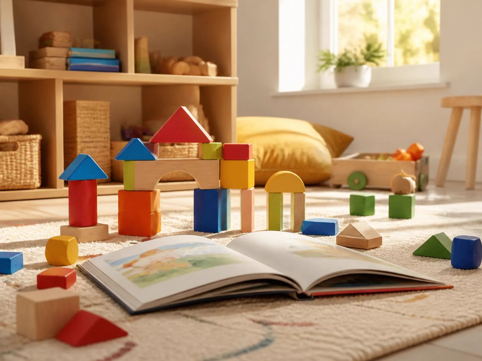 Bunte Holzbausteine und ein aufgeschlagenes Bilderbuch auf einem Teppich in einem hellen Kinderzimmer im warmen Nachmittagslicht.