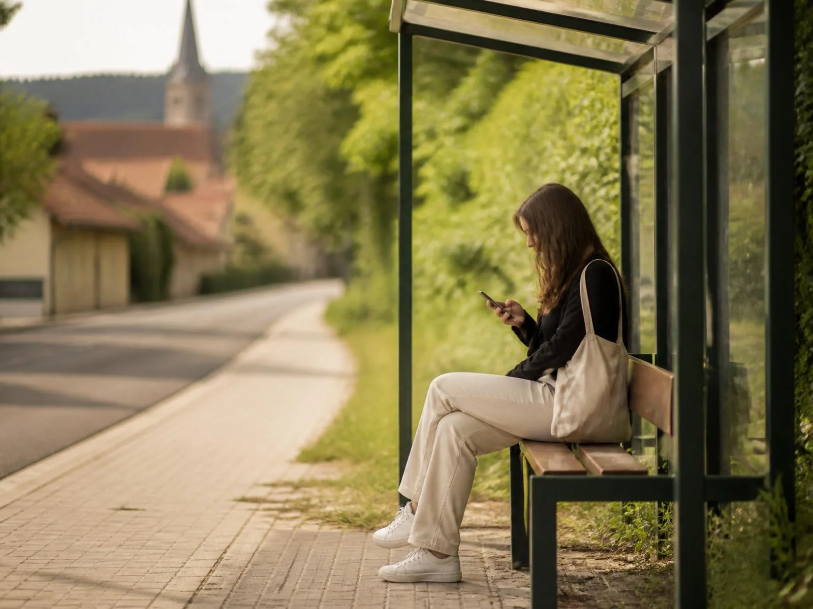 Junge Frau wartet an einem Bushaltestellen-Häuschen in einer Kleinstadt und schaut auf ihr Handy, weiches Tageslicht.