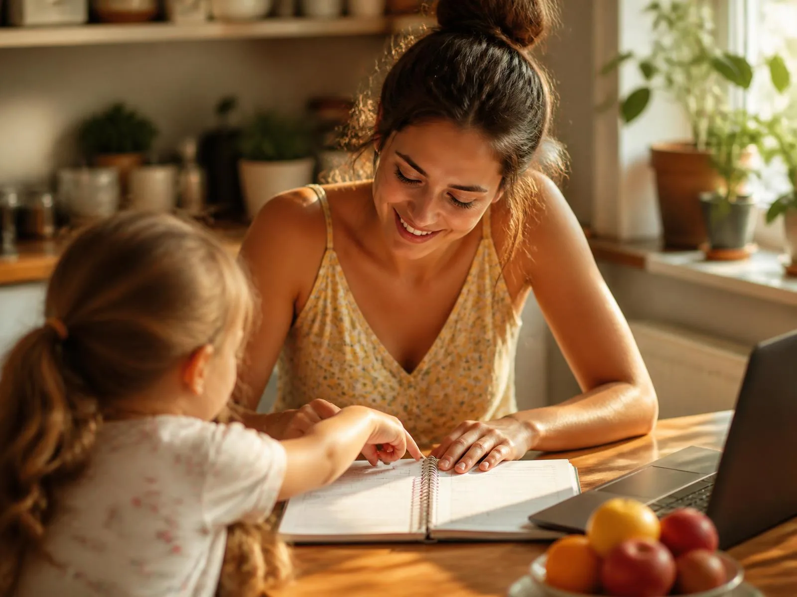 Au-pair sitzt lachend mit Heft und Laptop am sonnigen Küchentisch, ein Kind zeigt von hinten auf die Seite.