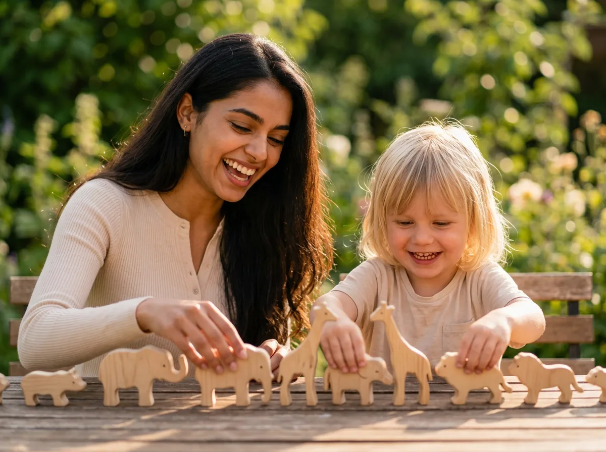 Au-pair und Kind bauen gemeinsam am Gartentisch eine Tierparade aus Holzfiguren.