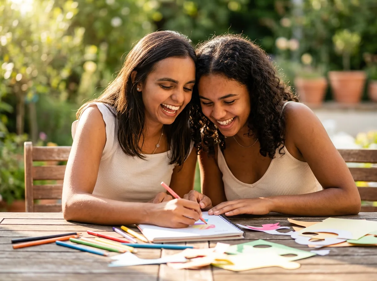 Zwei junge Au-pairs sitzen lachend an einem sonnigen Gartentisch und malen gemeinsam