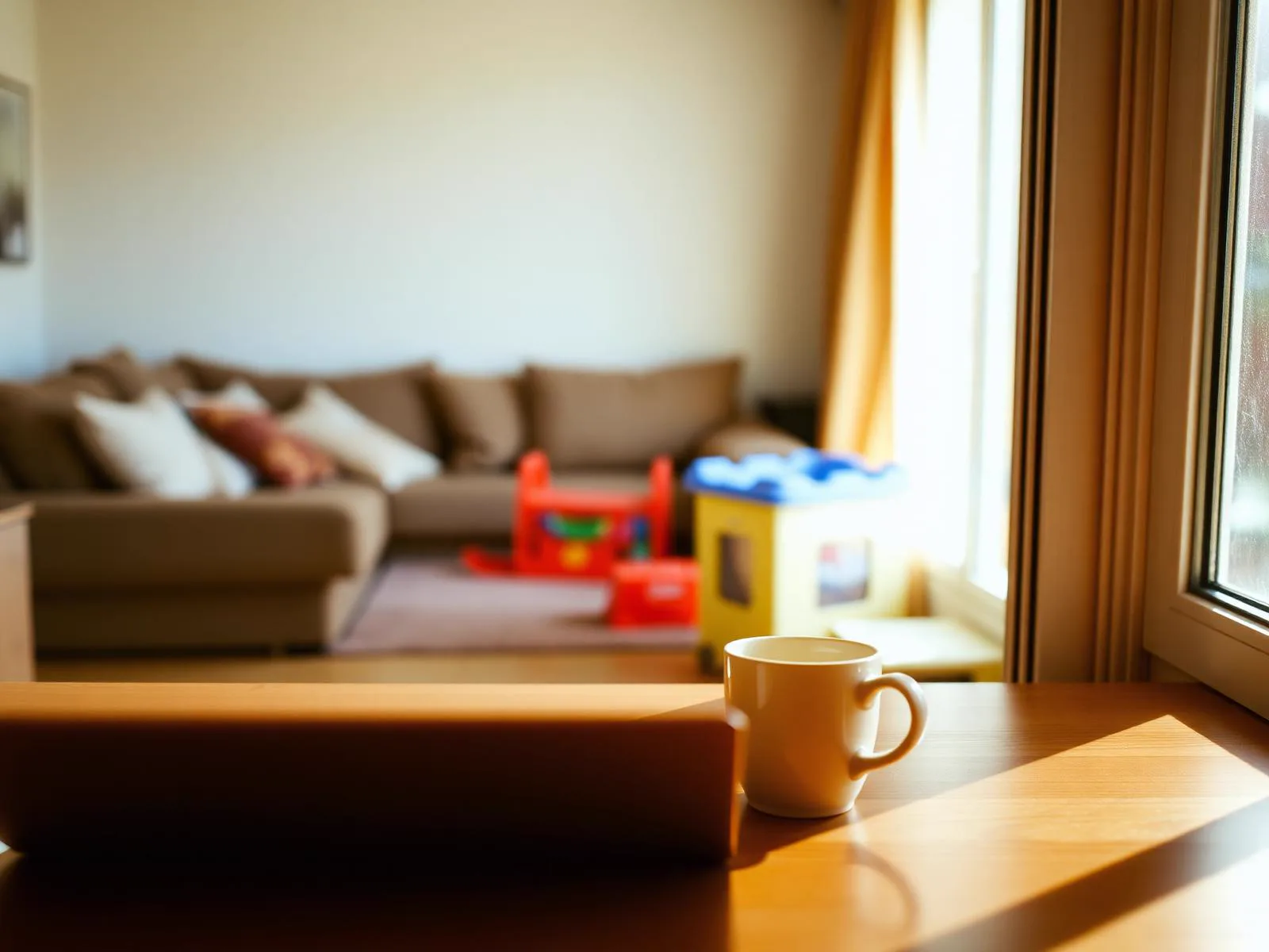 Aufgeräumter Schreibtisch am Fenster mit Laptop und Tasse, im Hintergrund unscharf ein Wohnzimmer mit Spielzeugkiste.