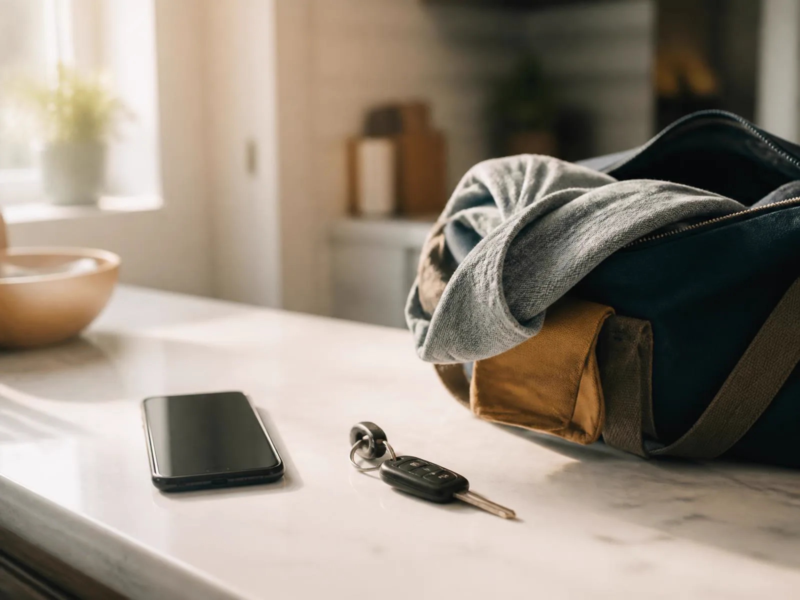 Smartphone auf einer hellen Küchenarbeitsplatte neben Autoschlüssel und halb gepackter Tasche im weichen Morgenlicht.