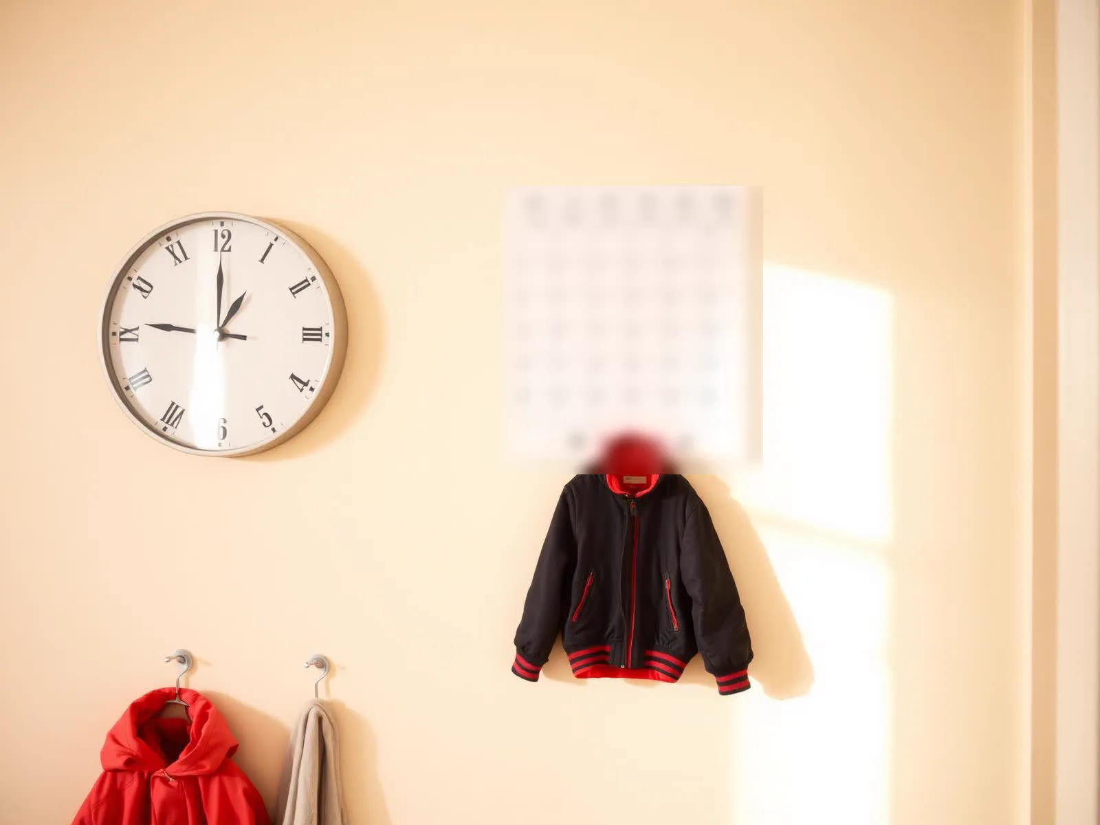 Wanduhr und Familienkalender in einem hellen Flur, daneben Jacken an Haken in Kindergröße.