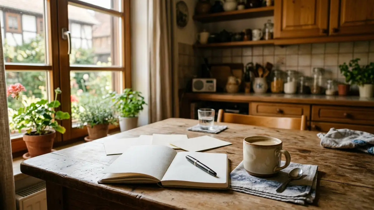 Warmer Küchentisch mit aufgeschlagenem Notizbuch, einem Stift und einer Tasse Kaffee im Morgenlicht, daneben einige leere Blätter.