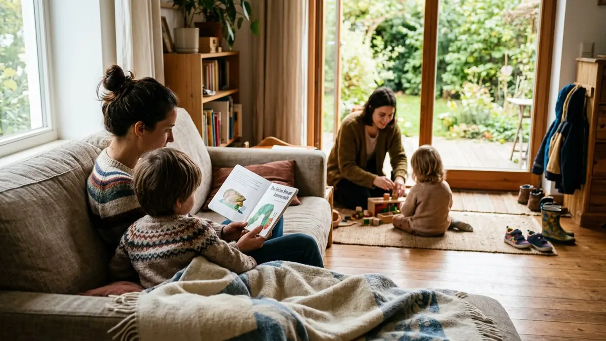 Elternteil liest mit einem Kind auf dem Sofa, während im unscharfen Hintergrund ein Au-pair mit einem weiteren Kind spielt; warmes Tageslicht in einem gemütlichen Wohnzimmer.