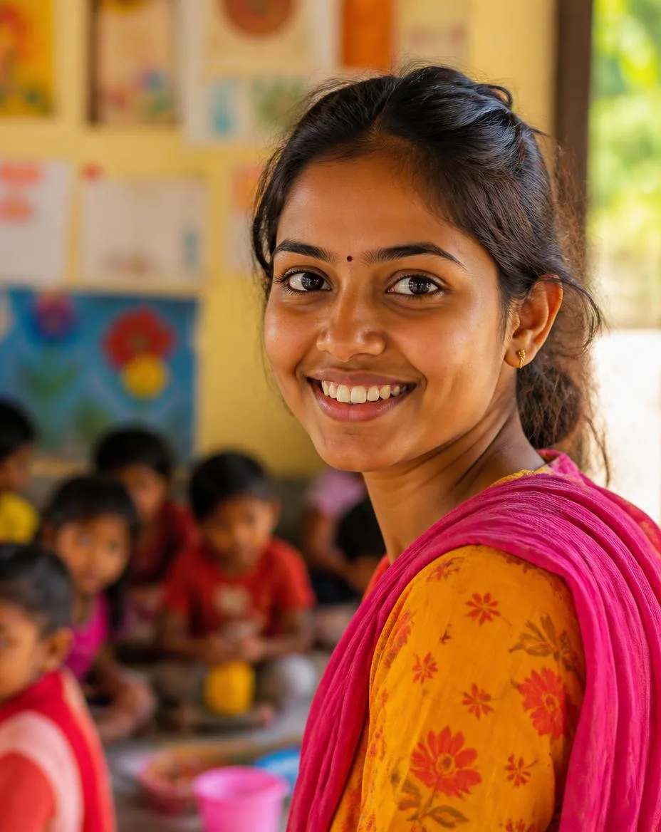 Indien: eine junge Frau im rostroten Kurta sitzt an einem runden Tisch mit Bilderbüchern, im Hintergrund ein Gruppenraum mit Kindern.