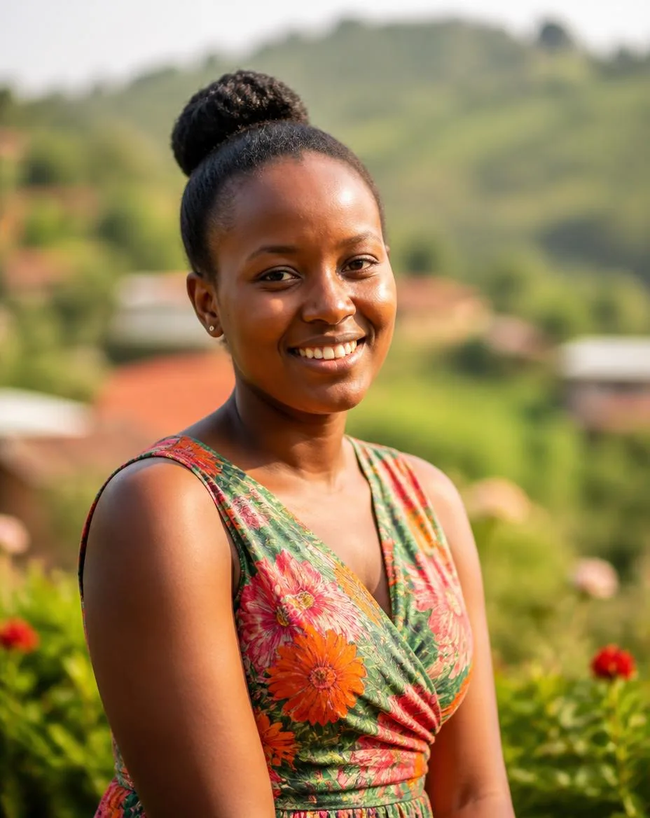 Ruanda: eine junge Frau schreibt lächelnd in ein Notizbuch, hinter ihr ein niedriges Bücherregal am Fenster.
