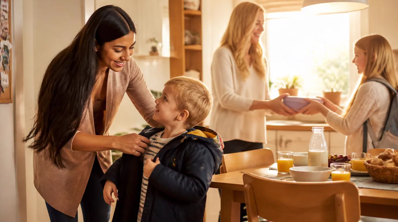 Au-pair hilft einem kleinen Jungen in die Jacke, im Hintergrund reicht die Mutter der Tochter die Brotdose am gedeckten Frühstückstisch