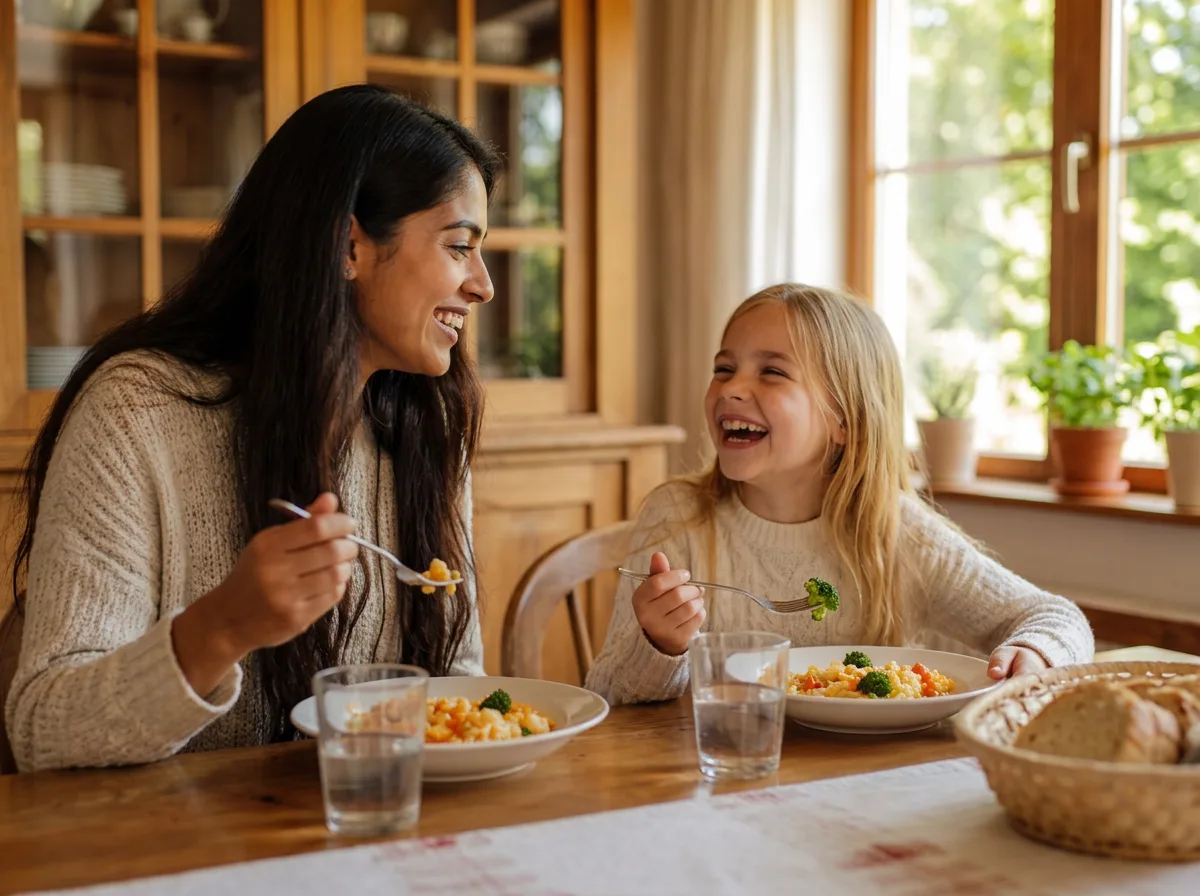 Au-pair und Kind sitzen einander zugewandt am Esstisch und essen Nudeln mit Gemüse, das Kind lacht