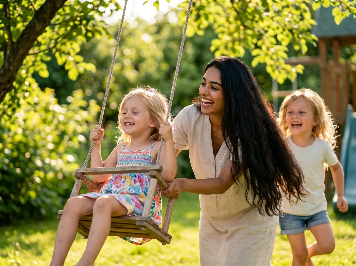 Au-pair schiebt lachend ein Kind auf der Schaukel an, ein zweites Kind läuft lachend daneben