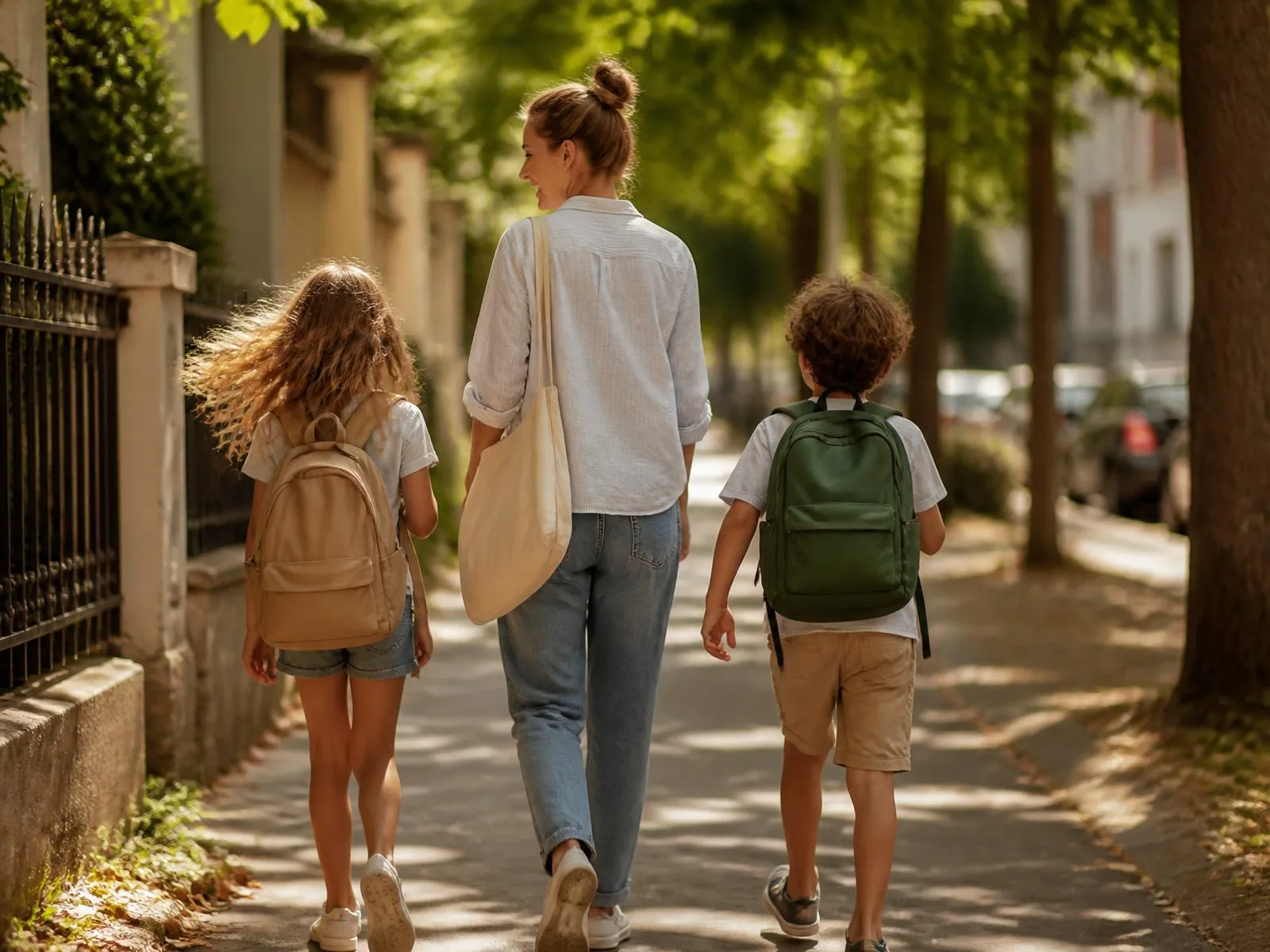 Au-pair geht bei Nachmittagssonne mit zwei Schulkindern von hinten eine grüne Allee entlang nach Hause.