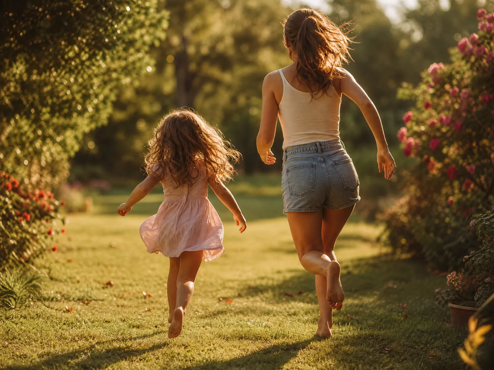 Ein Kind und eine junge Frau laufen barfuß über eine sonnige Gartenwiese, beide von hinten gesehen.