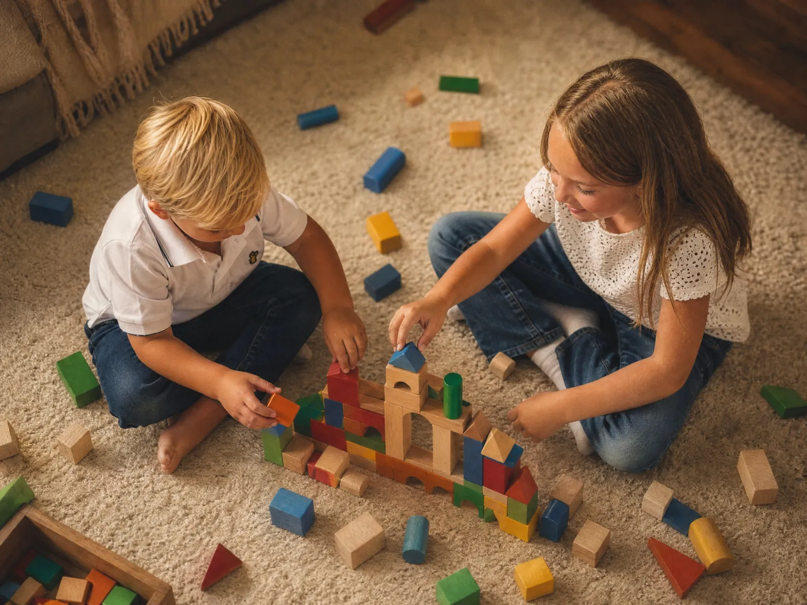 Zwei Kinder bauen von oben gesehen auf einem hellen Teppich mit bunten Holzklötzen.