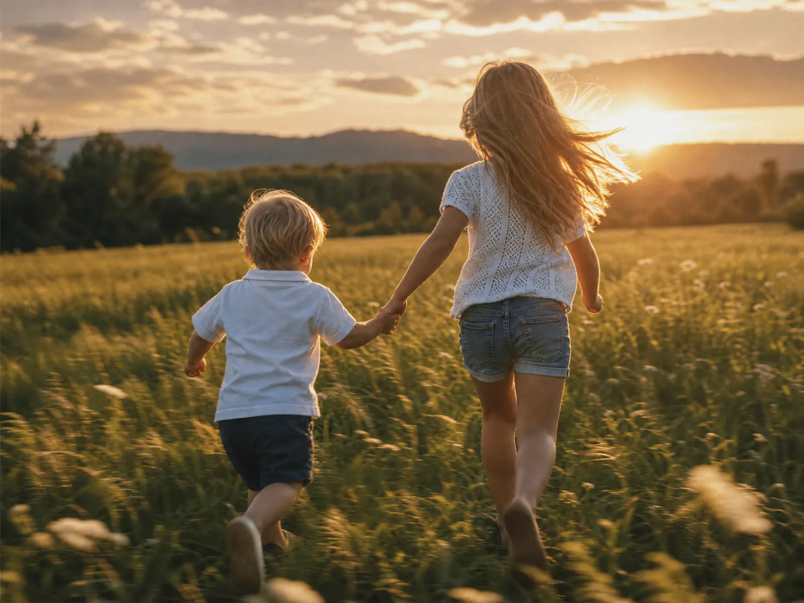 Zwei Kinder laufen Hand in Hand durch eine hohe Wiese im Abendlicht, von hinten gesehen.