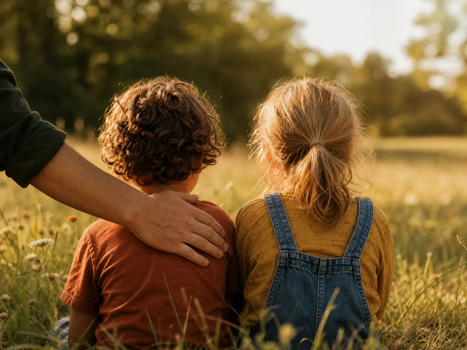 Zwei Kinder sitzen von hinten gesehen nebeneinander in einer Sommerwiese, eine Erwachsenenhand liegt ruhig auf einer Schulter.