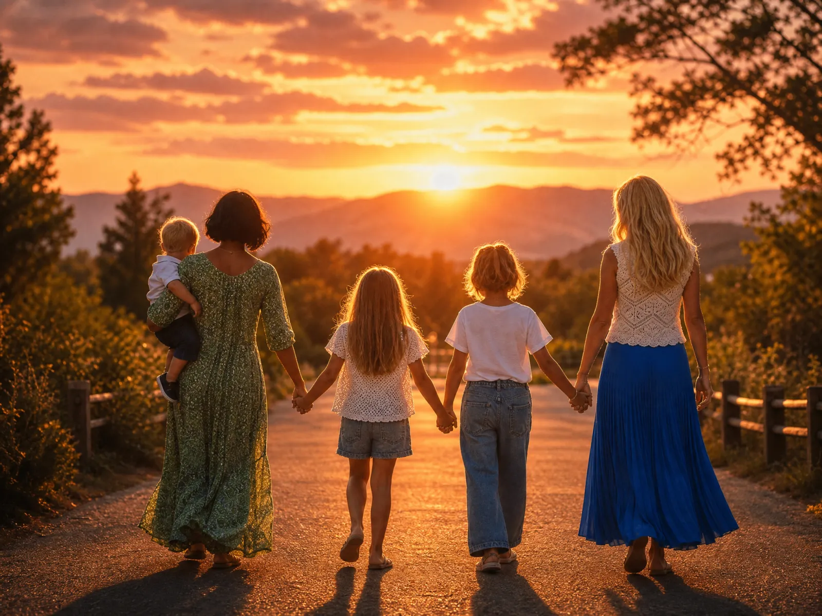 Eine Familie geht im Abendlicht Hand in Hand eine Landstraße entlang, von hinten gesehen.