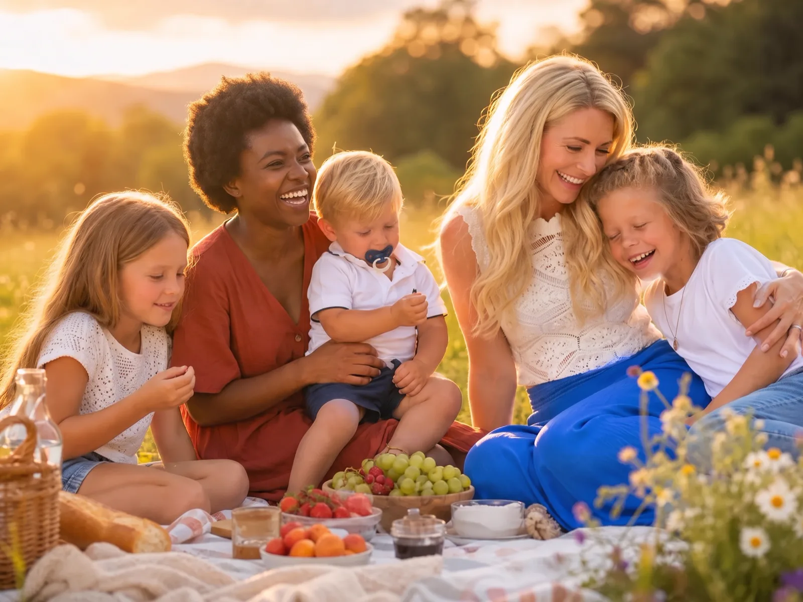 Familie und Au-pairs sitzen im Abendlicht auf einer Picknickdecke in der Wiese, dicht beieinander.
