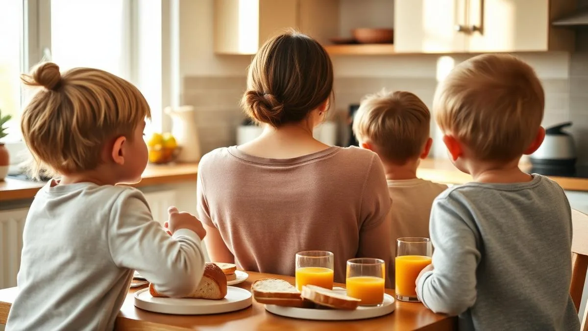 Familie und Au-pair frühstücken gemeinsam an einem sonnigen Küchentisch.