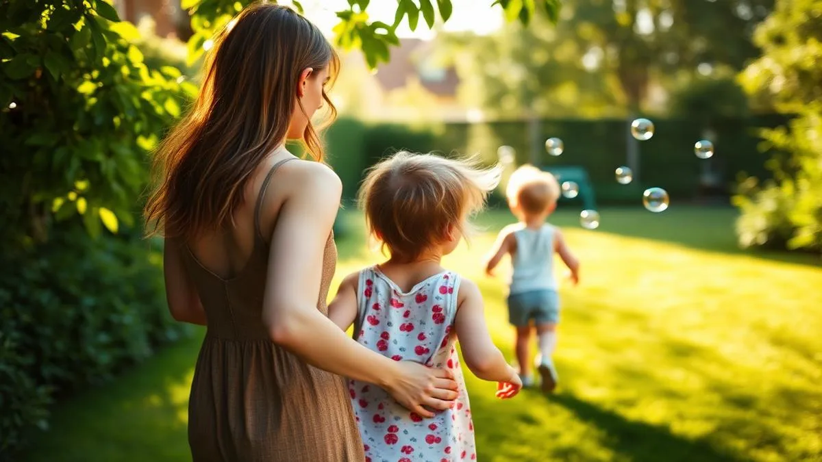 Au-pair und Kind spielen im sommerlichen Garten.
